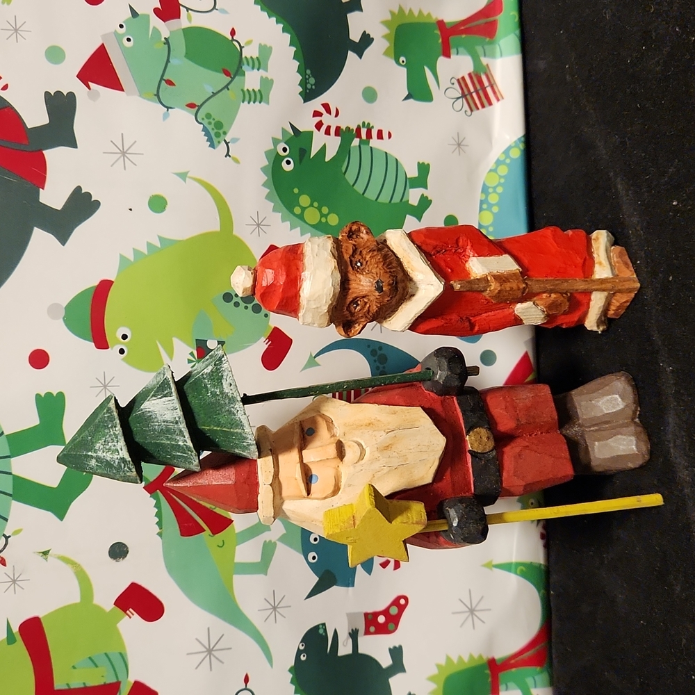 Vintage Hand Carved, set of 2 Christmas Santa & Bear decor